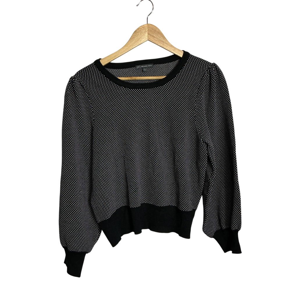 Adrianna Papell Women Large Black White Polka Dot Puff Sleeve Sweater